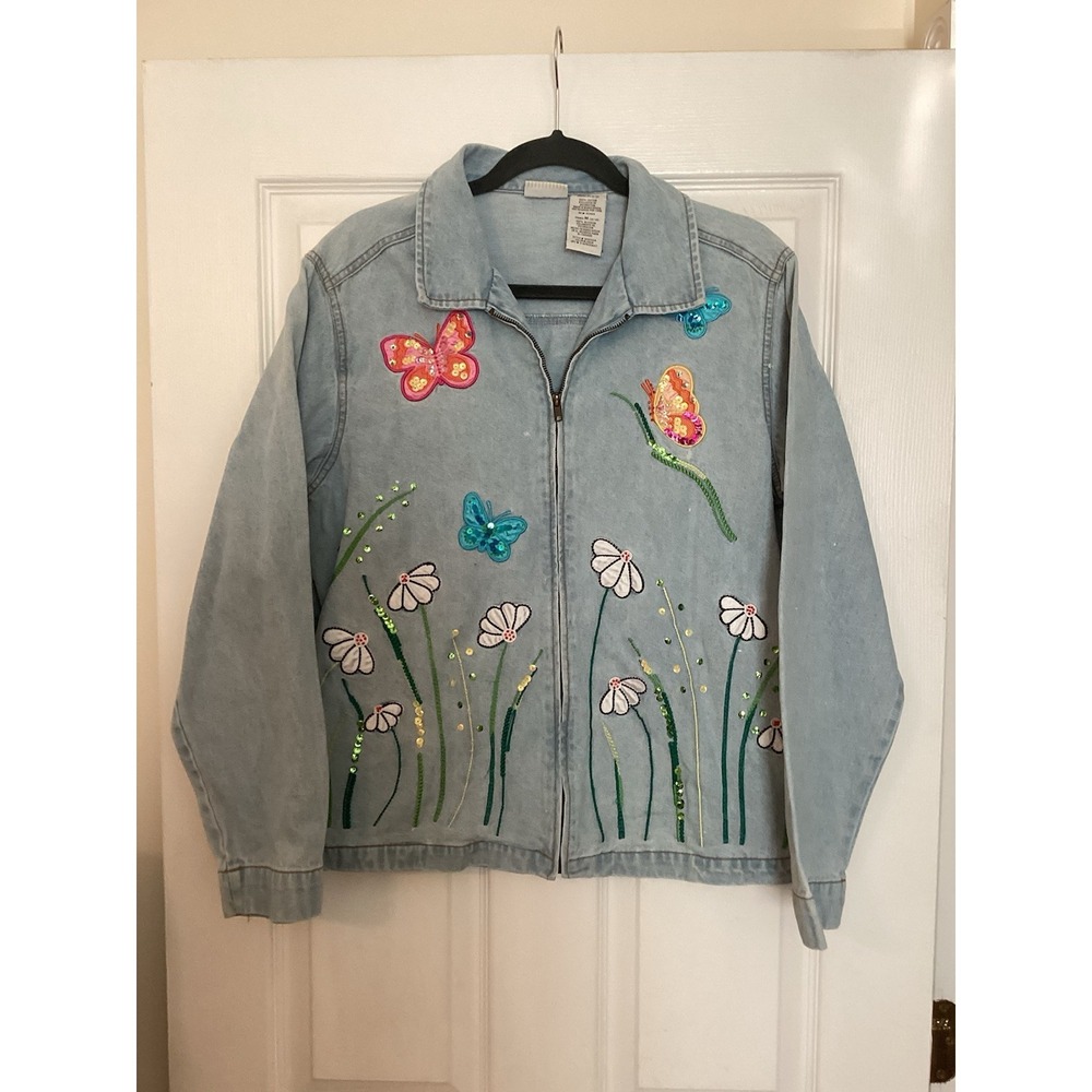 Vintage Denim Jean Jacket Sz‎ Medium Embroidered Paisley Flowers Butterfly Boho